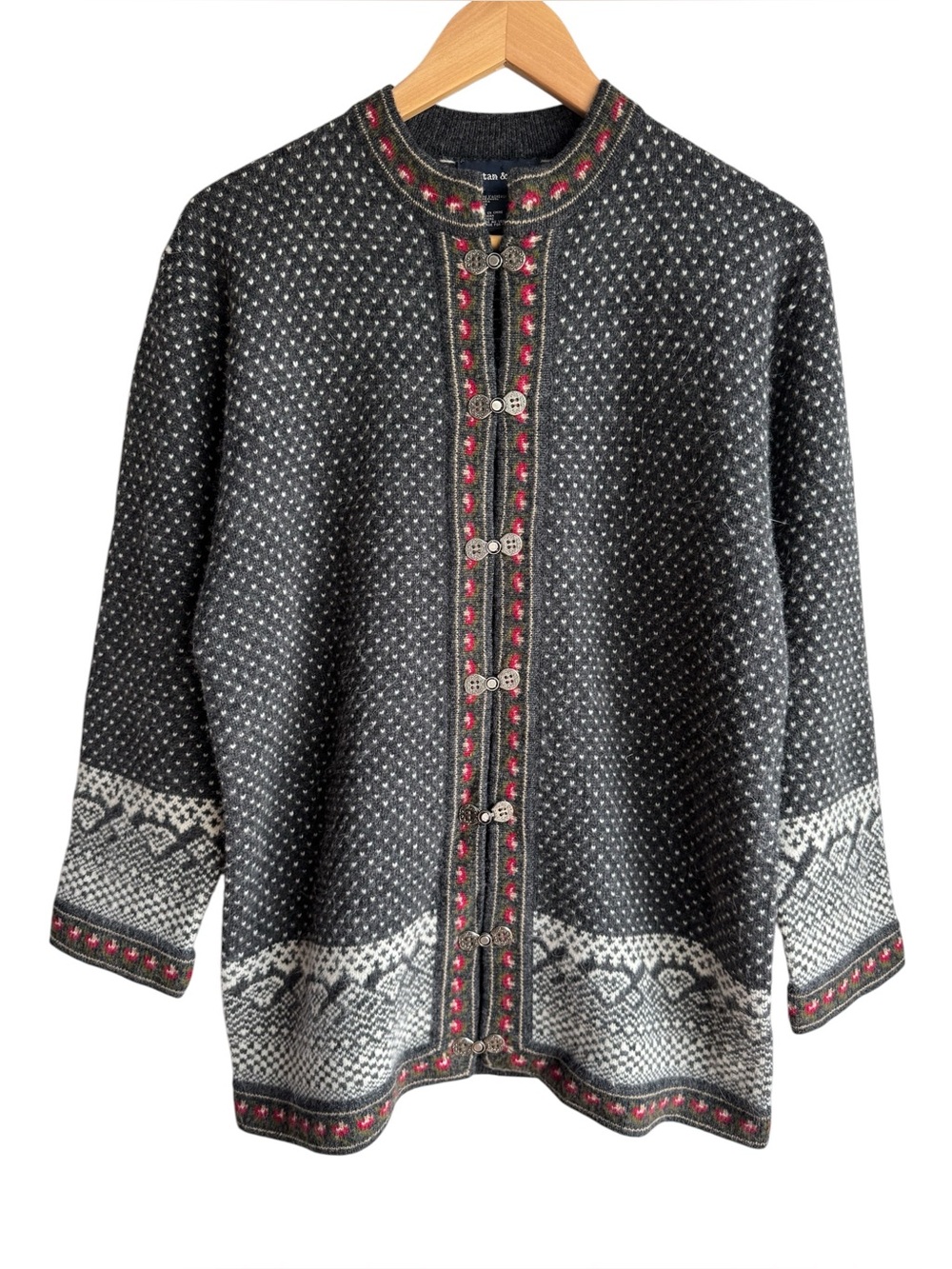 Tristan Iseut Lambswool Angora Fair Isle Cardigan Sweater Sz S Nordic Apres Ski